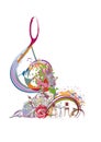 Abstract nature treble clef decorated with summer and spring flowers, notes, birds. Light and relax music.